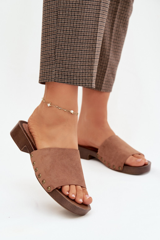 Damenhausschuhe mit breiten Absätzen Ze goldene Farbemi Stollen braune Farbe Girella