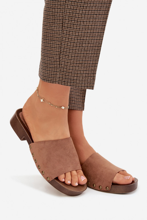 Damenhausschuhe mit breiten Absätzen Ze goldene Farbemi Stollen braune Farbe Girella