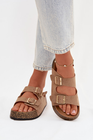 Damenhausschuhe mit einer Plattform Ze goldene Farbemi mit Schnallenmi Beige Tovessa