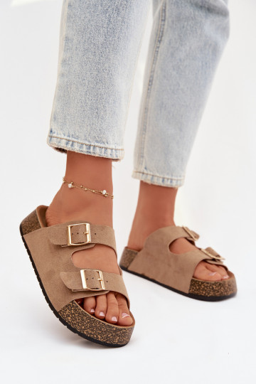 Damenhausschuhe mit einer Plattform Ze goldene Farbemi mit Schnallenmi Beige Tovessa 2