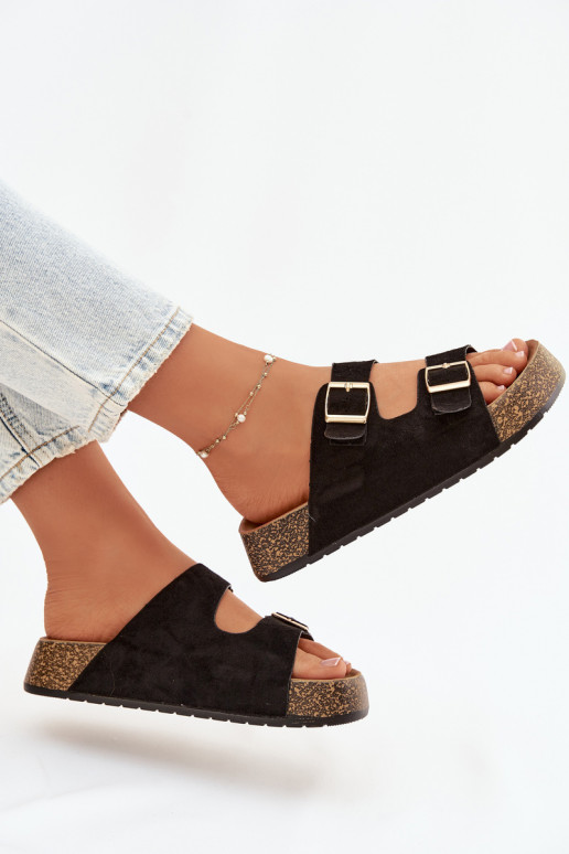 Damenhausschuhe mit einer Plattform Ze goldene Farbemi mit Schnallenmi schZuarze Farbe Tovessa