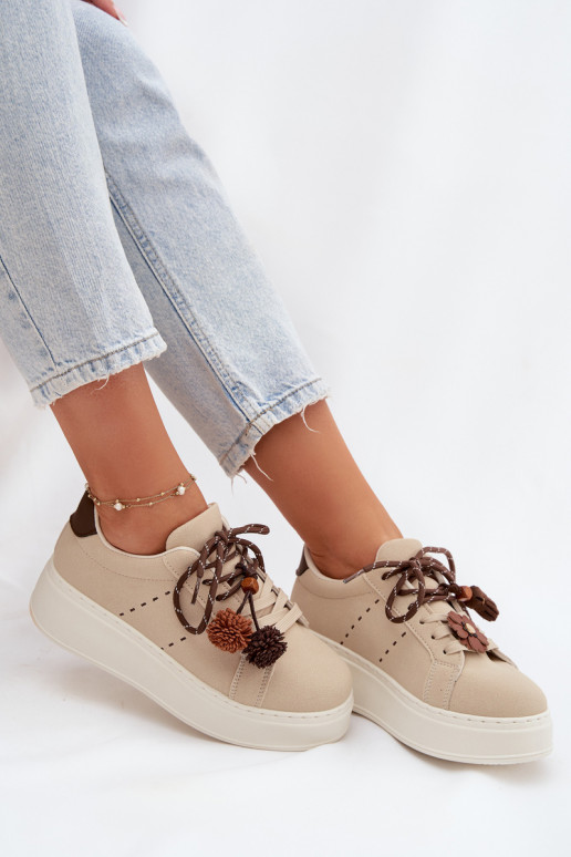 Sneakers Stilvollllschuhe Feminin mit einer Plattform Mit Dekorationeni Pomponami Beige Corinna
