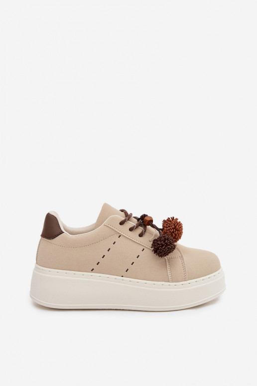 Sneakers Stilvollllschuhe Feminin mit einer Plattform Mit Dekorationeni Pomponami Beige Corinna