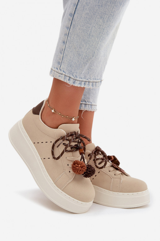 Sneakers Stilvollllschuhe Feminin mit einer Plattform Mit Dekorationeni Pomponami Beige Corinna