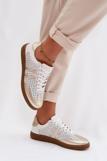 Zazoo N1318 Damen-Sneaker aus Kunstleder mit Lochmuster in Grau-Gold