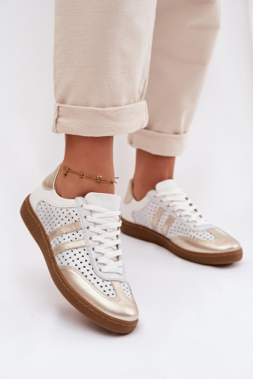 Zazoo N1318 Damen-Sneaker aus Kunstleder mit Lochmuster in Grau-Gold 2