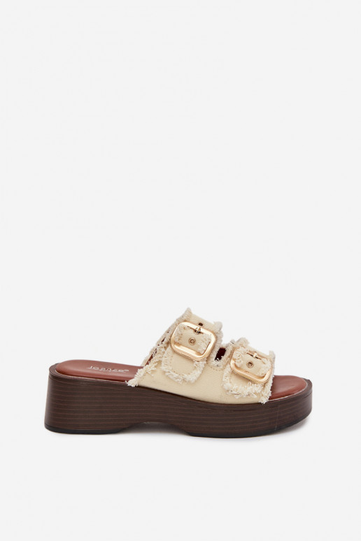 Damen-Pantoletten mit Plateau in Goldfarbe und Elfenbein-Schnallen