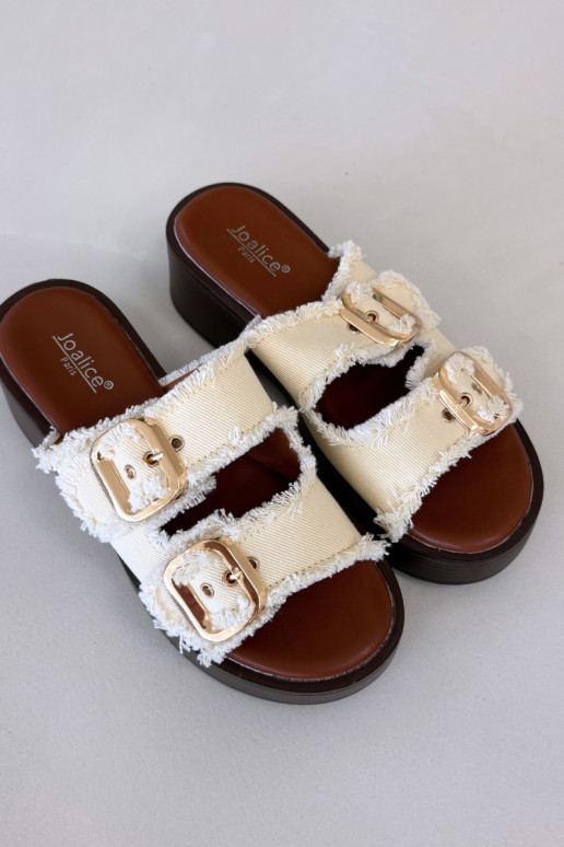 Damen-Pantoletten mit Plateau in Goldfarbe und Elfenbein-Schnallen