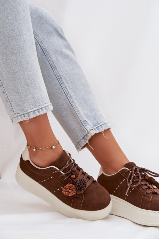 Schokoladenfarbene Corinna Damen Plattform Sport Sneakers mit dekorativen Pompons