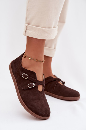 Lederwildlederschuhe für Damen "Barefoot" mit Riemen Zazoo N1271, schokoladenfarbig 2