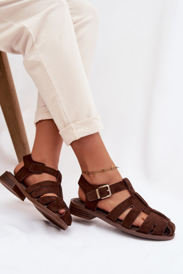 Damen Sandalen mit goldenen Schnallen, schokoladenfarbig, Janessa