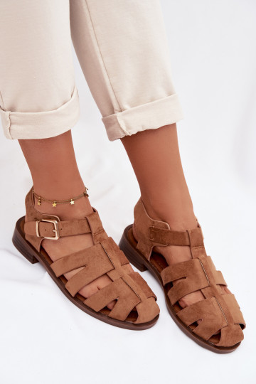 Damensandalen Rzymianki mit goldenen Schnallen braune Farbe Janessa