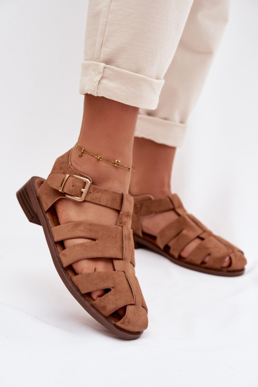 Damensandalen Rzymianki mit goldenen Schnallen braune Farbe Janessa