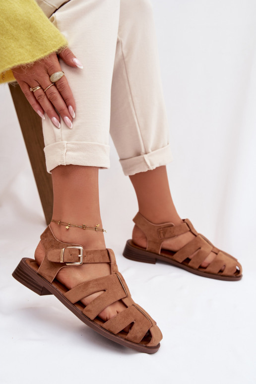 Damensandalen Rzymianki mit goldenen Schnallen braune Farbe Janessa