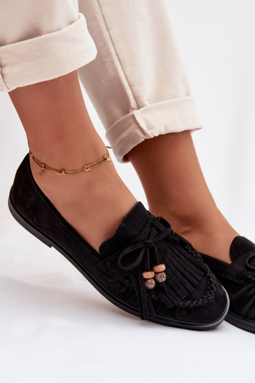 Mokassins für Damen mit Fransen I Korallenfarbeikami schZuarze Farbe Teressa