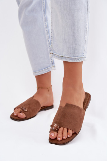 Damen flache Pantoletten mit dekorativen Details aus Kunstvelours, braun, Selavine