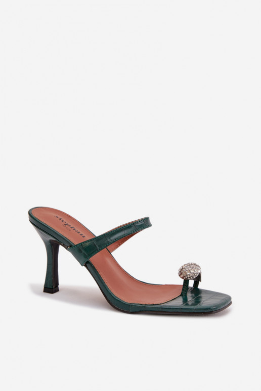 Damenhausschuhe mit dünnen Absätzen Mit Dekorationen Detalem ButelkoZua Zieleń Lorissa