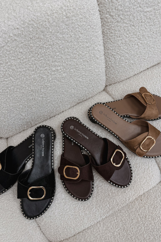 Damenhausschuhe mit breiten Absätzen mit goldenen Schnallen schZuarze Farbe Selivelle