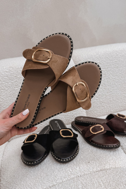 Damenhausschuhe mit breiten Absätzen mit goldenen Schnallen braune Farbe Selivelle