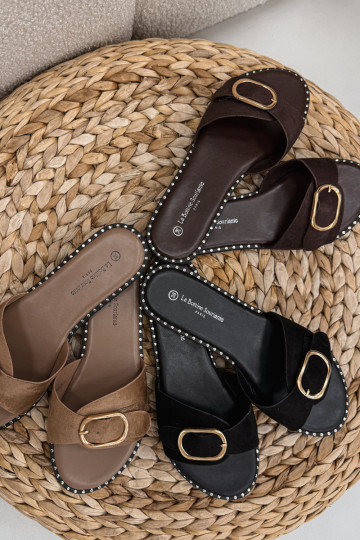 Damenhausschuhe mit breiten Absätzen mit goldenen Schnallen CzekoladoZue Selivelle 2