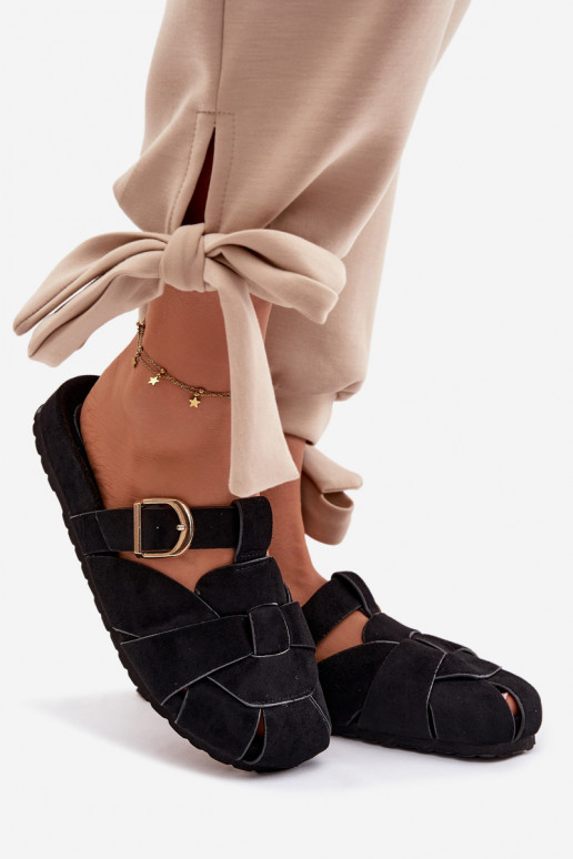 Damenhausschuhe Mule mit Streifen I Złotą mit Schnallen schZuarze Farbe Ganelle