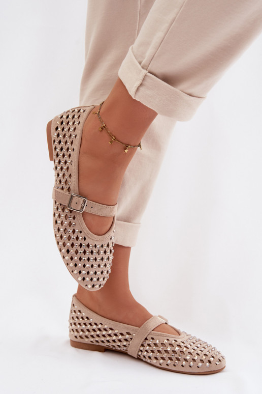 Ballerinas Feminin mit durchbrochenen Elementen mit blitzenden Augen I Streifenem Beige INilvessa