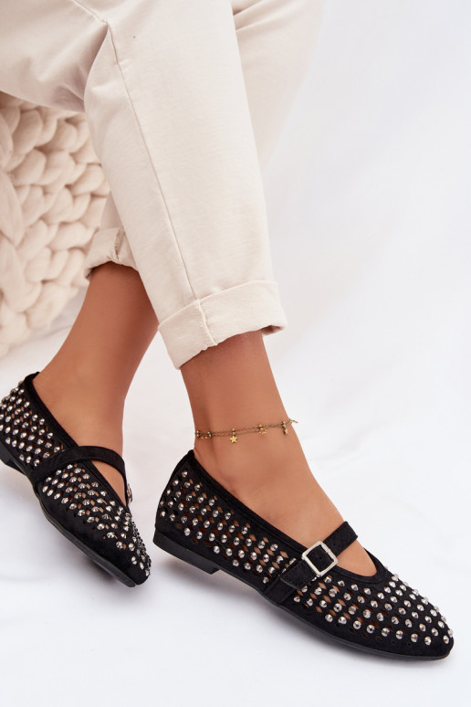 Ballerinas Feminin mit durchbrochenen Elementen mit blitzenden Augen I Streifenem schZuarze Farbe INilvessa