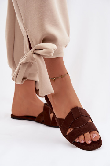 Pavelle Flache Damen Slipper mit Riemen in Schokoladenfarbe 2