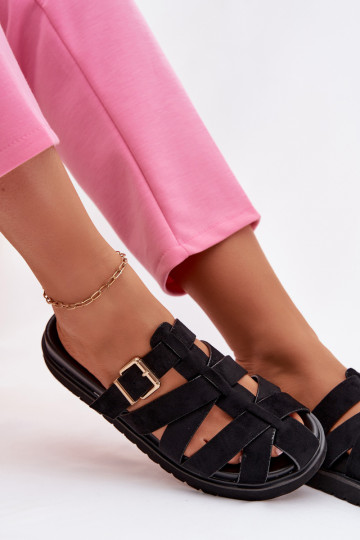 Damen Pantoletten mit Riemchen und goldenen Schnallen in Schwarz Roselisse 2