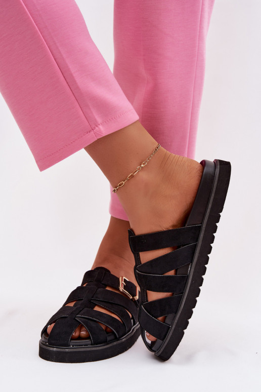 Damen Pantoletten mit Riemchen und goldenen Schnallen in Schwarz Roselisse