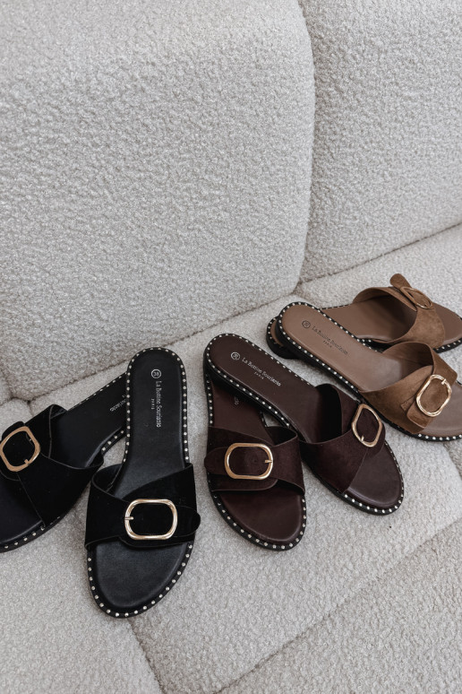 Damen Pantoletten mit breiten Absätzen und goldenen Schnallen in Schwarz Selivelle