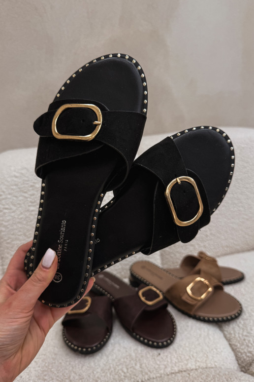 Damen Pantoletten mit breiten Absätzen und goldenen Schnallen in Schwarz Selivelle