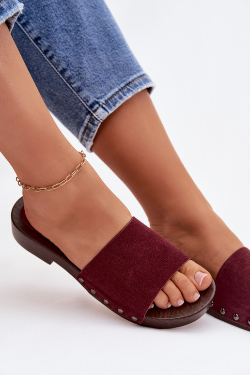 Damenhausschuhe mit Nieten mit breiten Absätzen Burgund Amelvessa