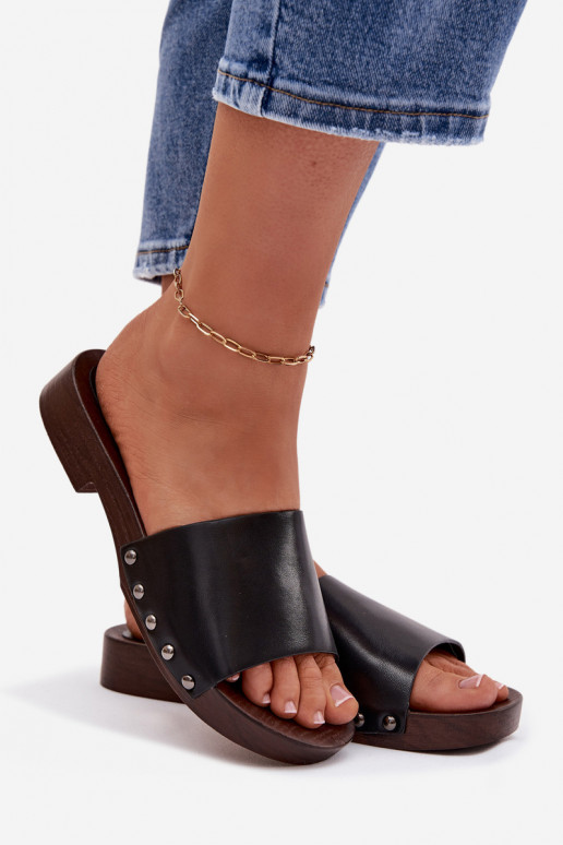 Damenhausschuhe mit Nieten mit breiten Absätzen schZuarze Farbe Brinalle