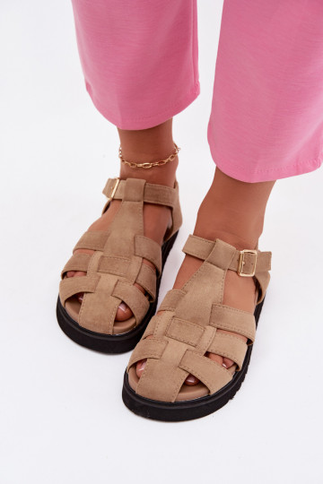 Damenrömersandalen mit goldfarbenen Schnallen und Plateau sandfarben Terelina