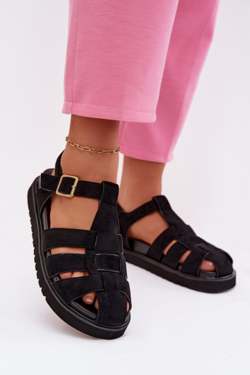 Damenrömersandalen mit goldfarbenen Schnallen und Plateau schwarz Terelina