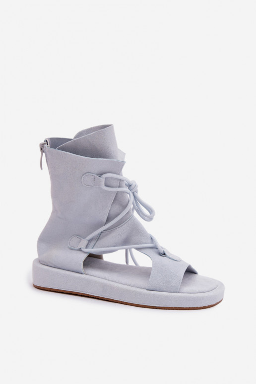 Damensandalen aus Öko-INildlederoZue mit einem Stiefel I INiązaniem hellblau Ferlisse