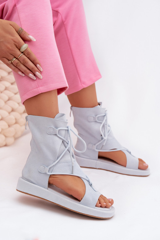 Damensandalen aus Öko-INildlederoZue mit einem Stiefel I INiązaniem hellblau Ferlisse