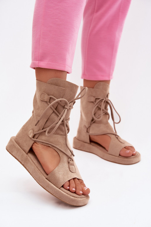 Damensandalen aus Öko-INildlederoZue mit einem Stiefel I INiązaniem Beige Ferlisse