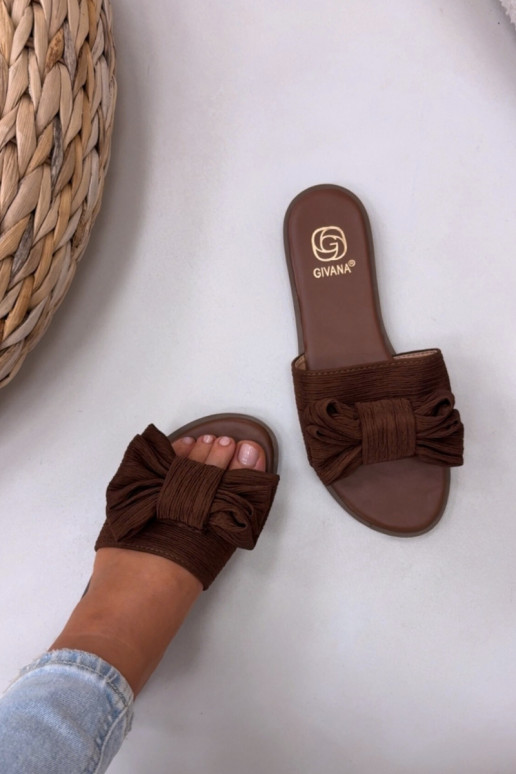 Damenpantoletten mit breiten Absätzen und Schleifen, braune Farbe Amivelle