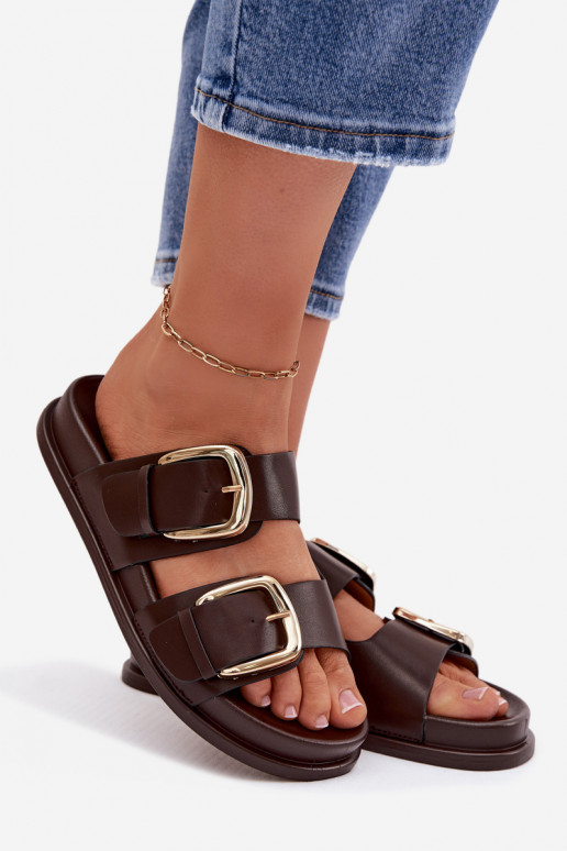 Damenhausschuhe Eko Haut Ze goldene Farbemi mit Schnallenmi CzekoladoZue Tervessa