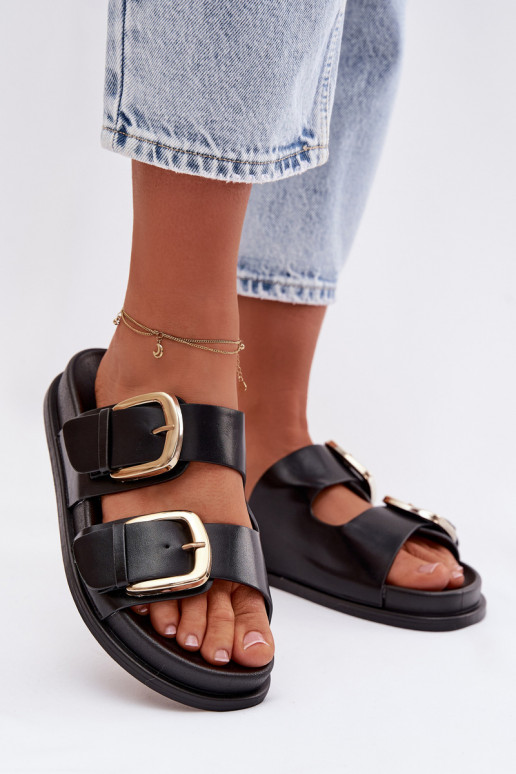 Damenhausschuhe Eko Haut Ze goldene Farbemi mit Schnallenmi schZuarze Farbe Tervessa