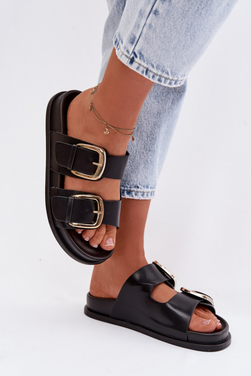 Damenhausschuhe Eko Haut Ze goldene Farbemi mit Schnallenmi schZuarze Farbe Tervessa