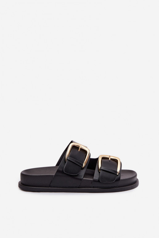 Damenhausschuhe Eko Haut Ze goldene Farbemi mit Schnallenmi schZuarze Farbe Tervessa