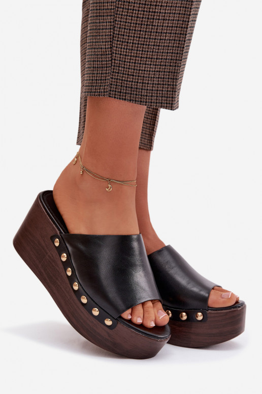 Damenhausschuhe Auf einem Keil und Plattform Ze goldene Farbemi Stollen schZuarze Farbe Farinelle