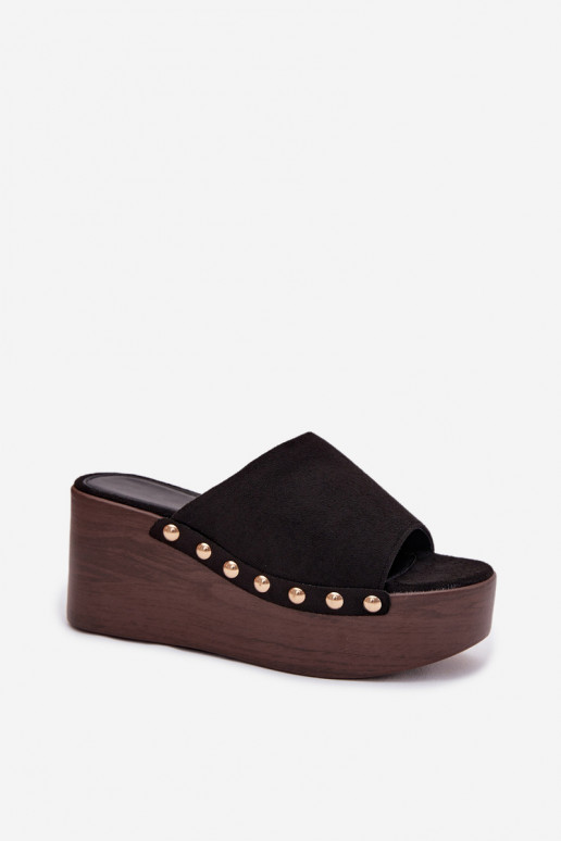 Damenhausschuhe Auf einem Keil Ze goldene Farbemi Stollen aus Öko-INildlederoZue schZuarze Farbe Helivina