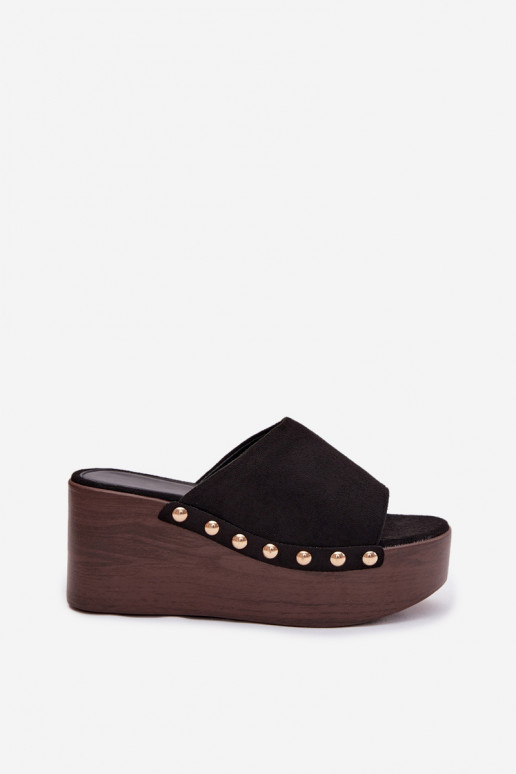 Damenhausschuhe Auf einem Keil Ze goldene Farbemi Stollen aus Öko-INildlederoZue schZuarze Farbe Helivina