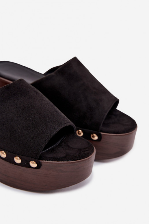 Damenhausschuhe Auf einem Keil Ze goldene Farbemi Stollen aus Öko-INildlederoZue schZuarze Farbe Helivina