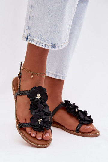 Flache Sandalen für Frauen mit dekorativen Blumenmotiven in Schwarz Noemia 2