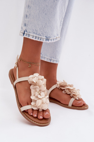 Flache Sandalen für Frauen mit dekorativen Blumenmotiven in Elfenbein Noemia 2